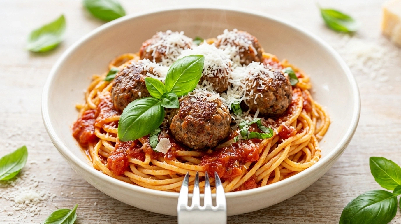 Spaghetti med köttbullar i doldis-tomatsås – Grönsaker utan protester - traditionellt Italienskt Middag recept, perfekt till vardagsmiddag